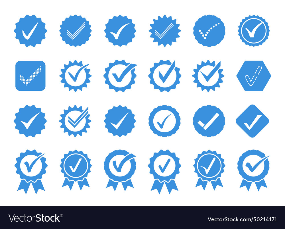 Blue check mark icons profile verification badge Vector Image