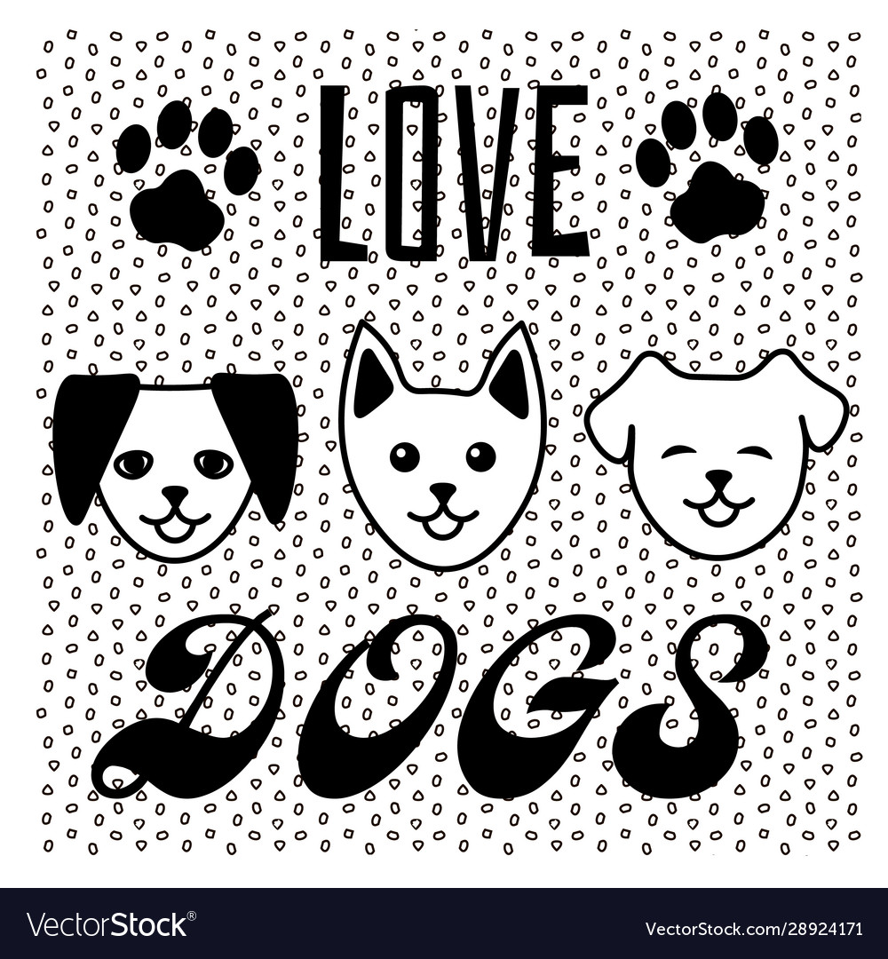 Three black and white cartoon dogs text love