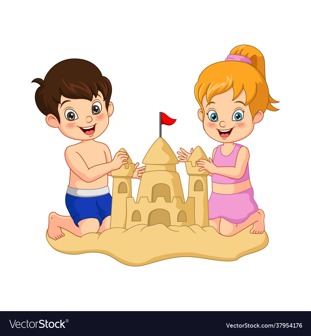 Cartoon boy and girl making sand castles Vector Image