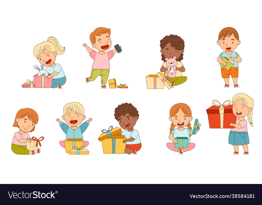 Excited little children opening gift box rejoicing