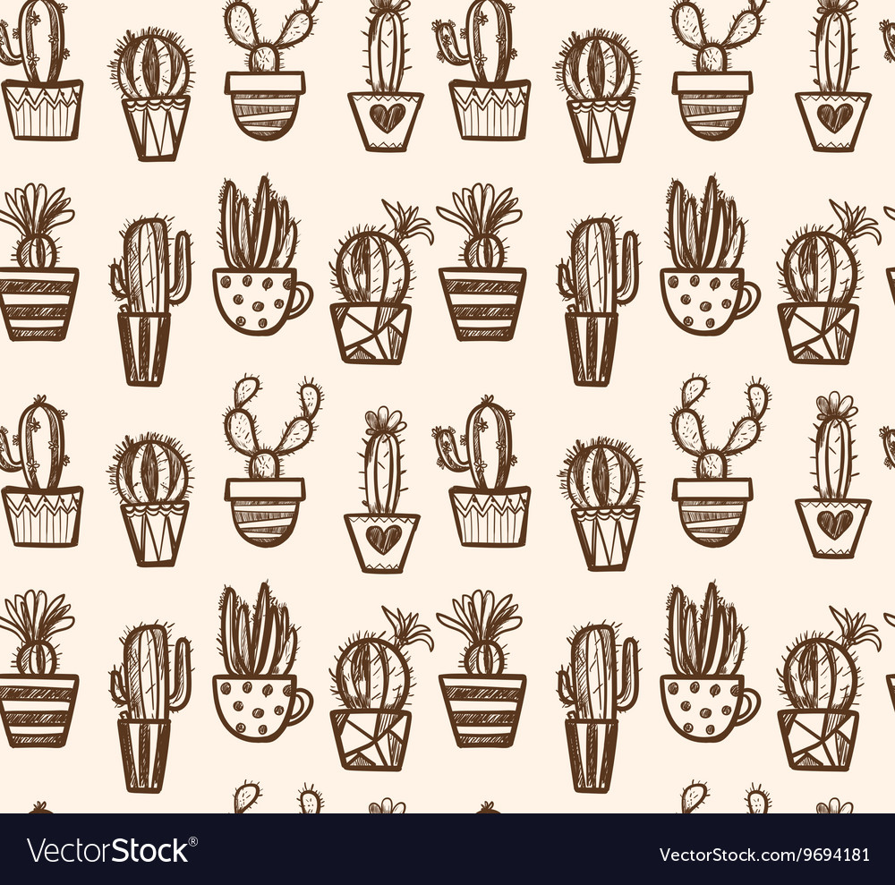 Hand drawn set of cactus in the pots Royalty Free Vector