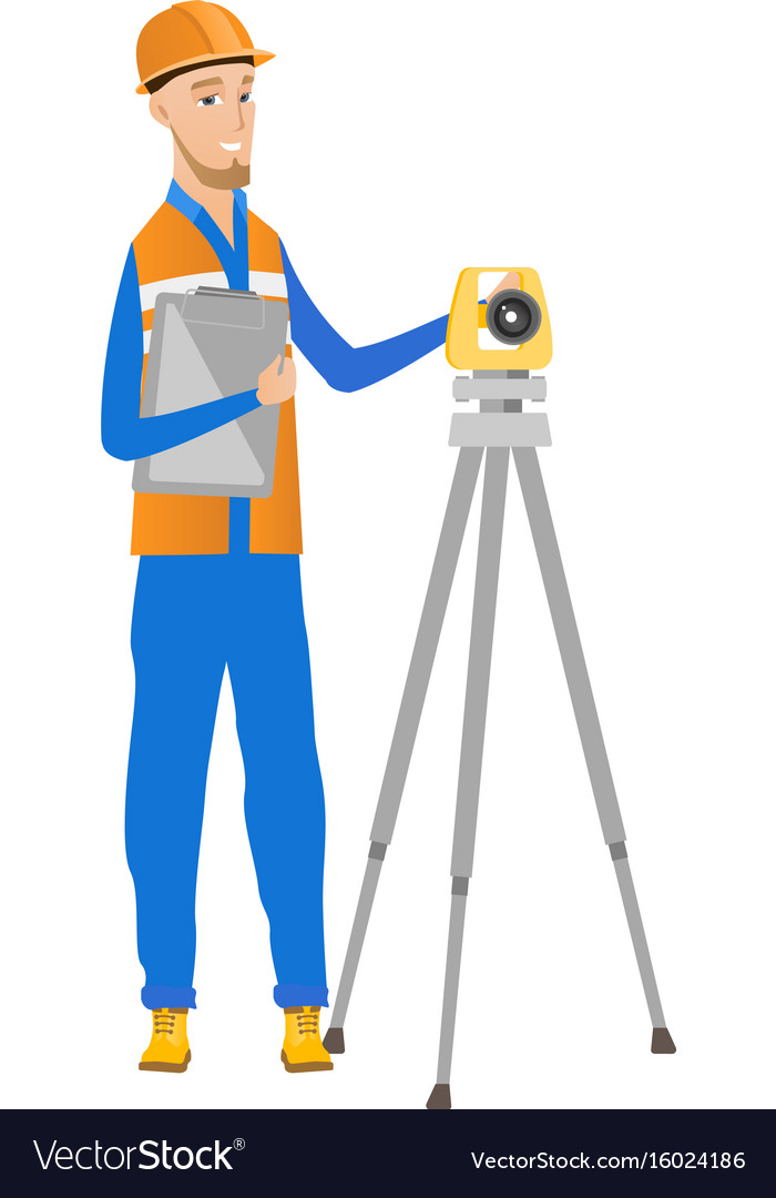 Caucasian surveyor builder working with theodolite