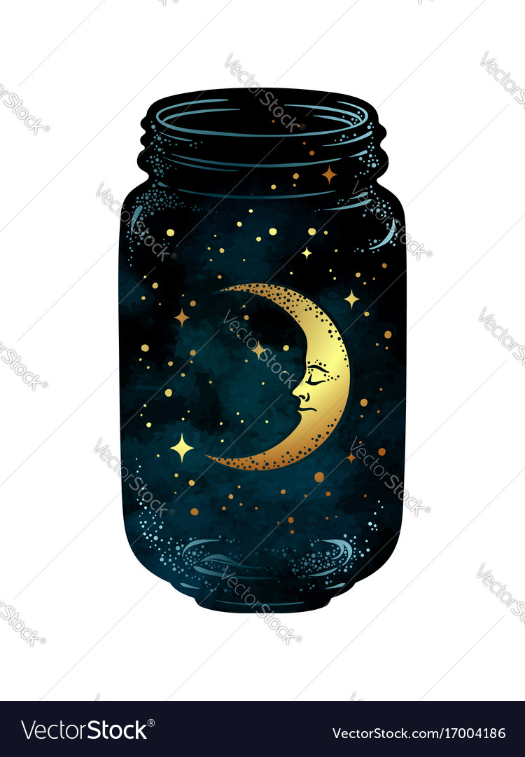 Hand Drawn Wish Jar With Crescent Moon And Stars Vector Image