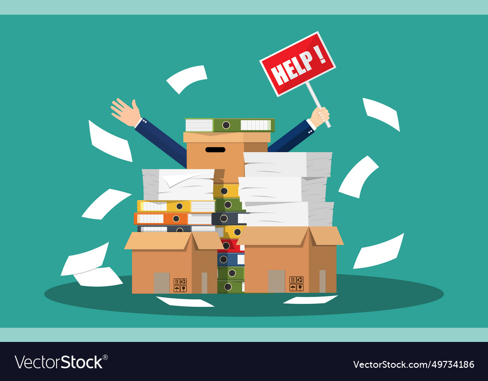 Stressed cartoon businessman in pile papers Vector Image