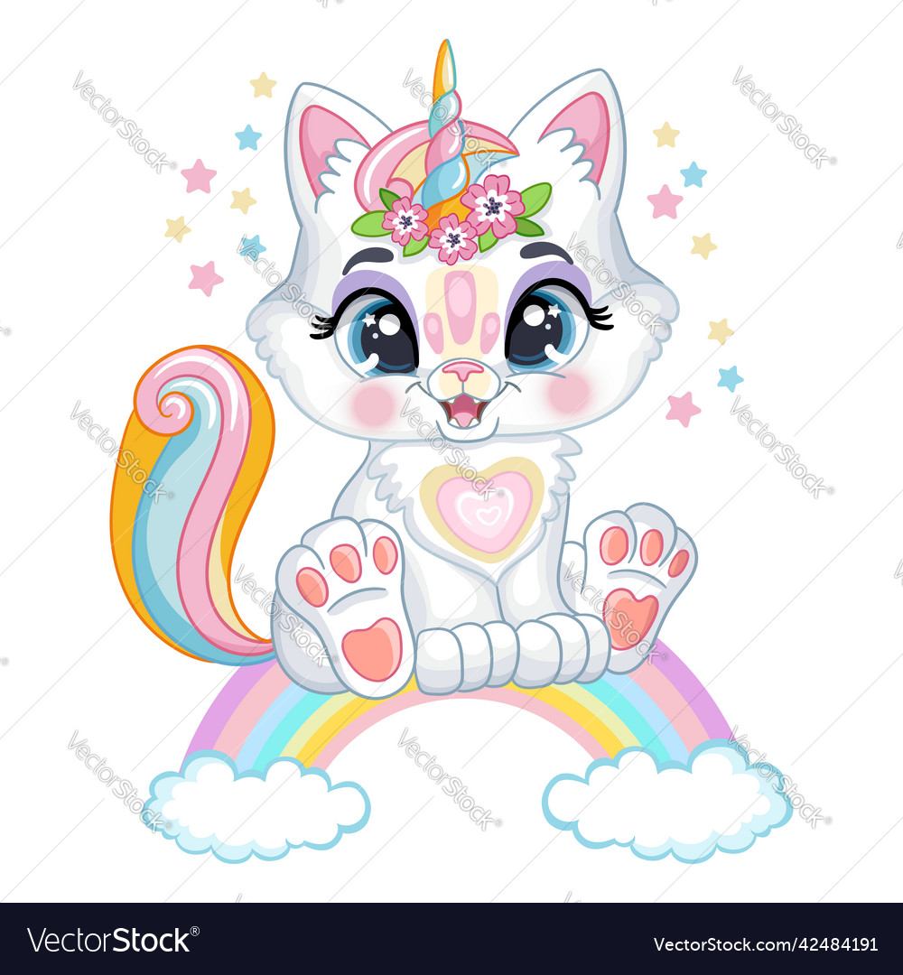 Cute kawaii kitten on a rainbow cartoon character