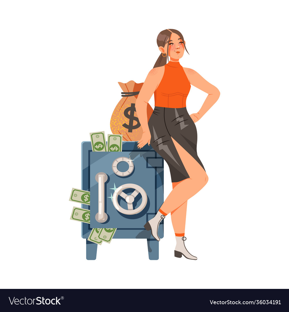 Female standing near metal cash box with dollar