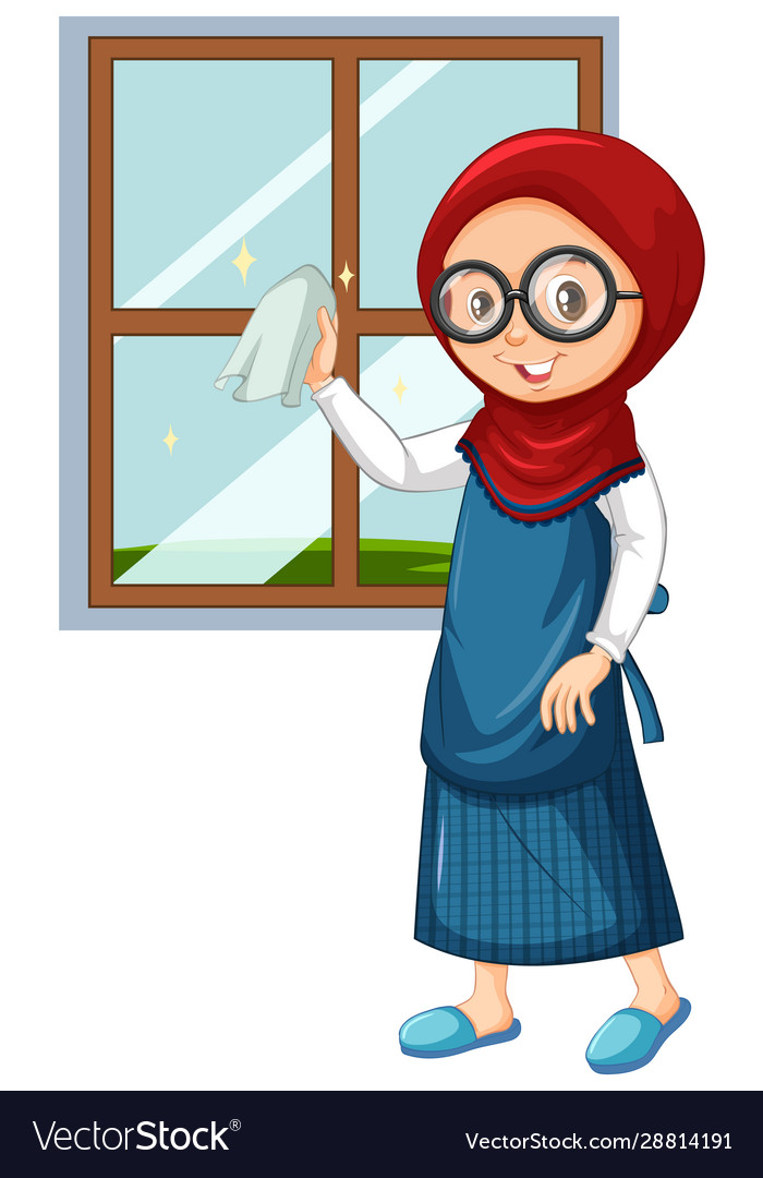 Muslim girl cleaning window on white background