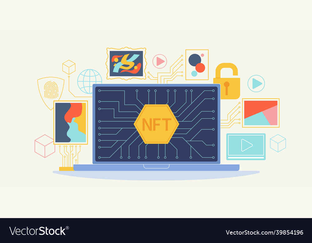 Nft online marketplace laptop with non-fungible vector image Nft online marketplace laptop with non-fungible