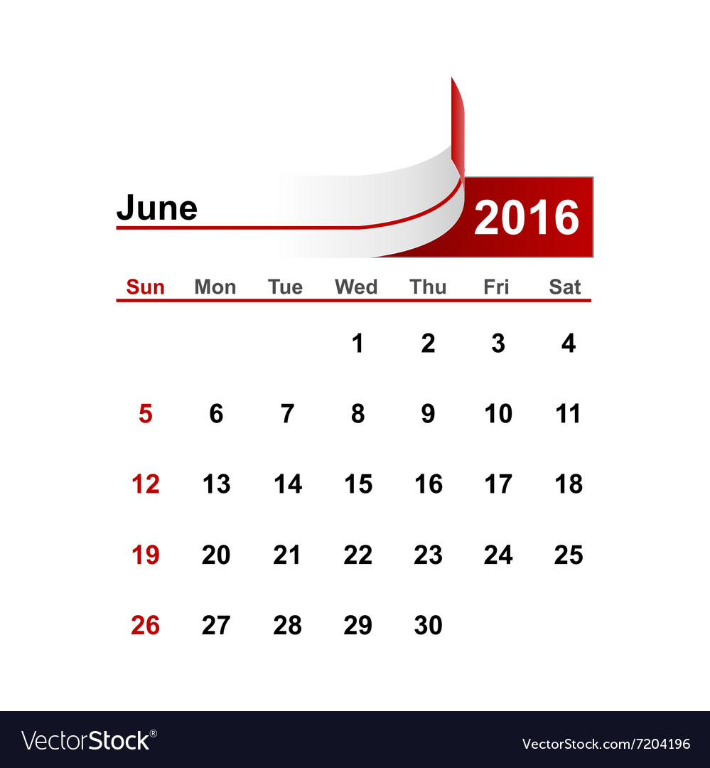 Simple Calendar 16 Year June Month Royalty Free Vector