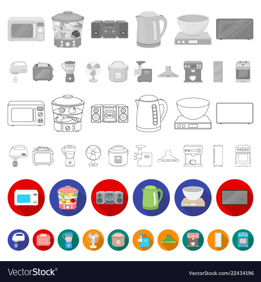 Types of household appliances flat icons in set