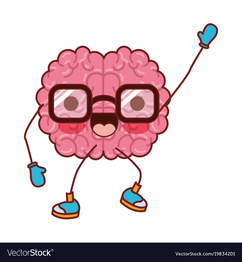 Brain cartoon with glasses and cheerful expression