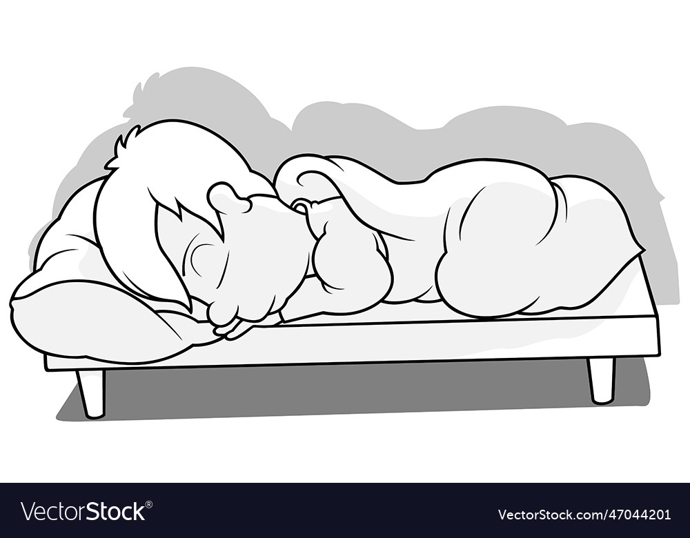 Drawing of a sleeping black haired boy in bed Vector Image