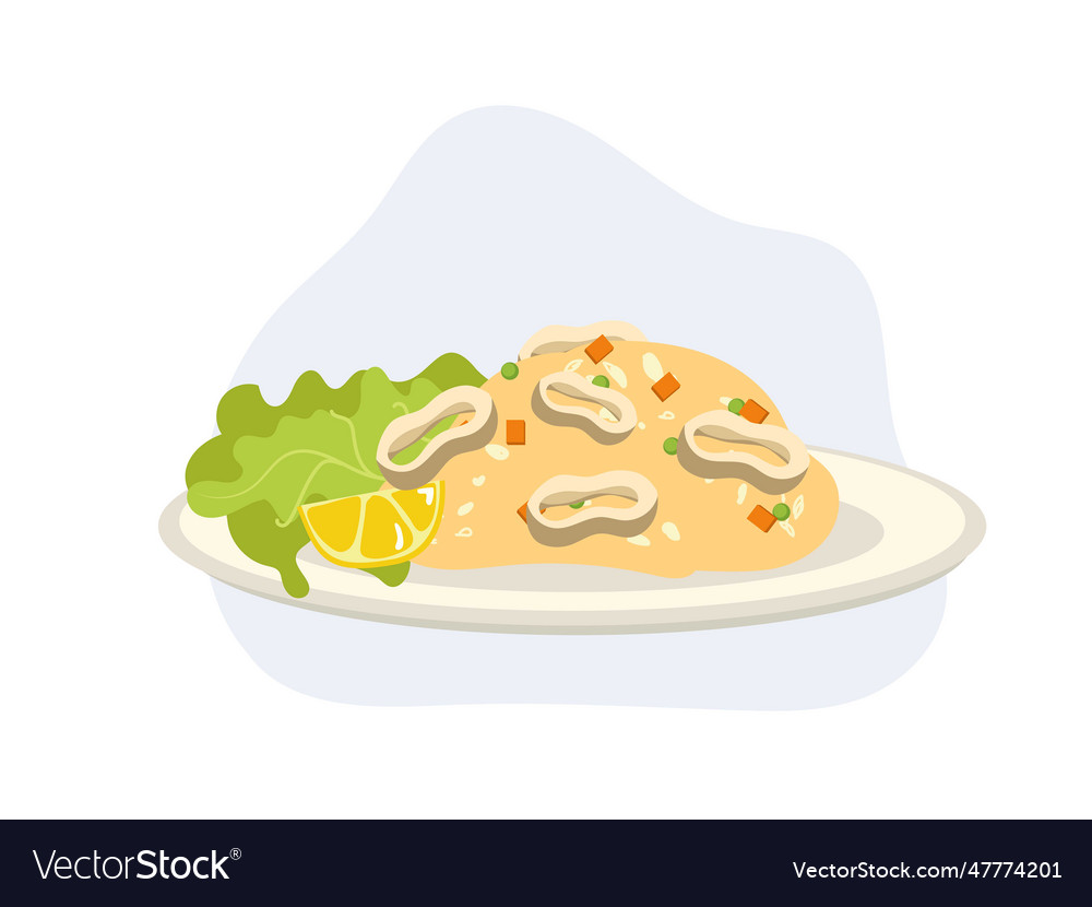 Fried rice with squid or octopus - stir-fried Vector Image