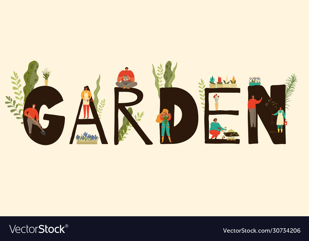 Garden banner with people characters gardening