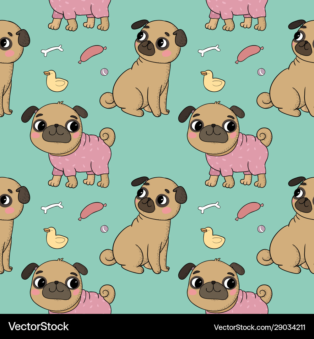 Cute Cartoon Pug Pattern Cheerful Funny Dog Vector Image