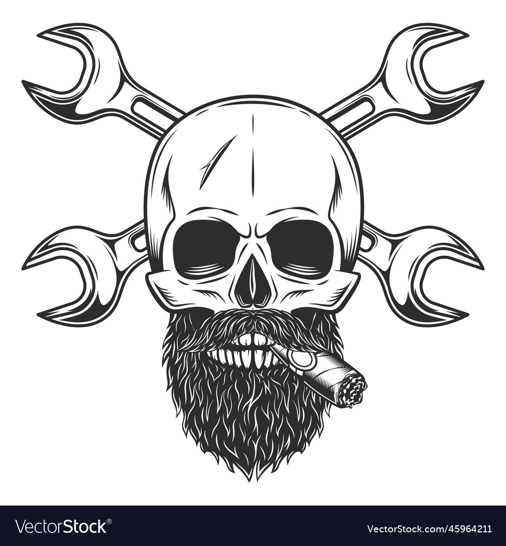 Skull with beard smoking cigar and wrench Vector Image