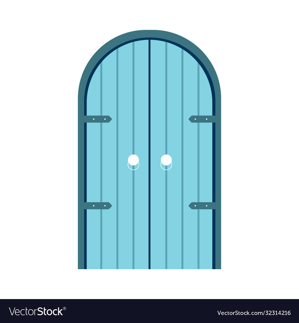 Wooden blue front door with double arch shape