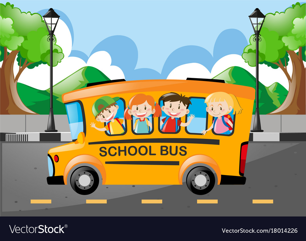 Children riding on school bus in morning Vector Image