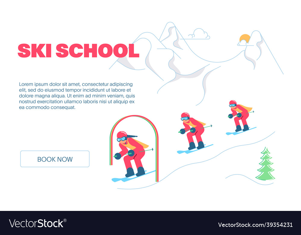 Group of kids learning how to ski on slope Vector Image