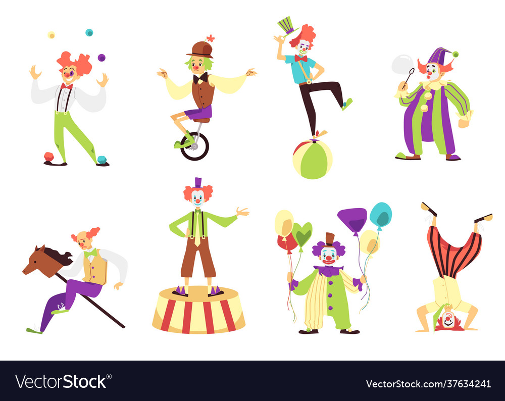 Clowns performing tricks and acrobatics flat Vector Image