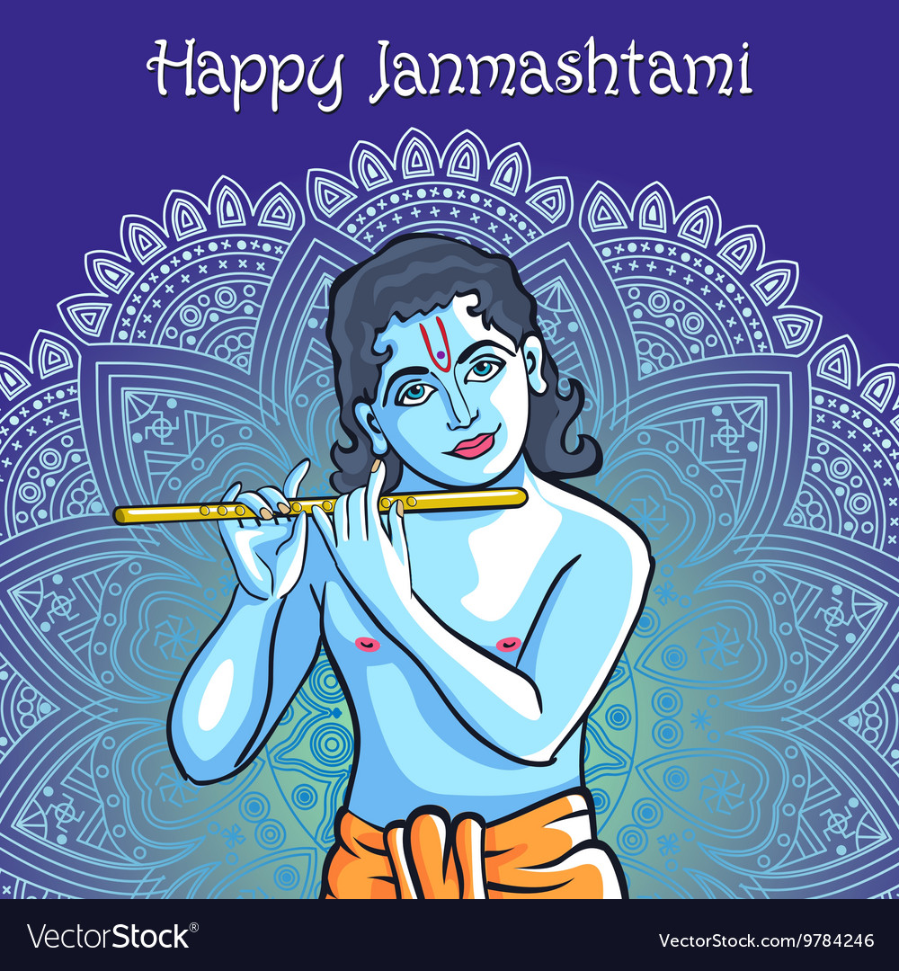 Hindu young god Lord Krishna Happy janmashtami Vector Image