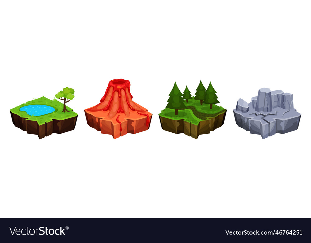 Game islands with volcano forest rock and pond Vector Image