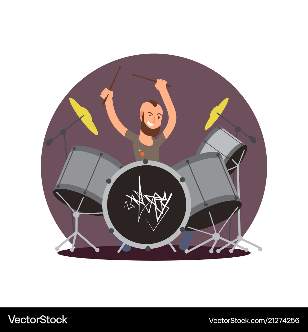 Cartoon character drummer flat musician Royalty Free Vector