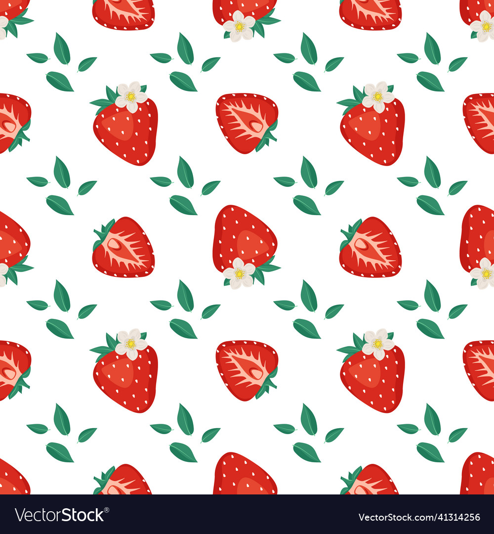 Seamless pattern with red strawberries leaves