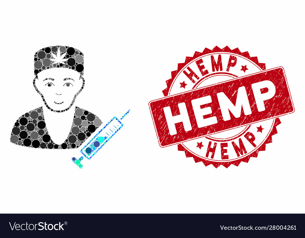 Collage Cannabis Arzt mit Distress Hanfstempel