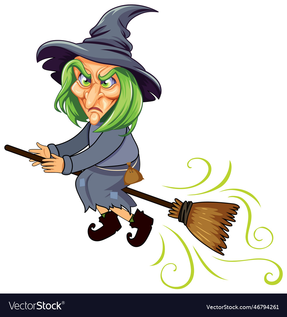 Old witch riding on broomstick cartoon character Vector Image