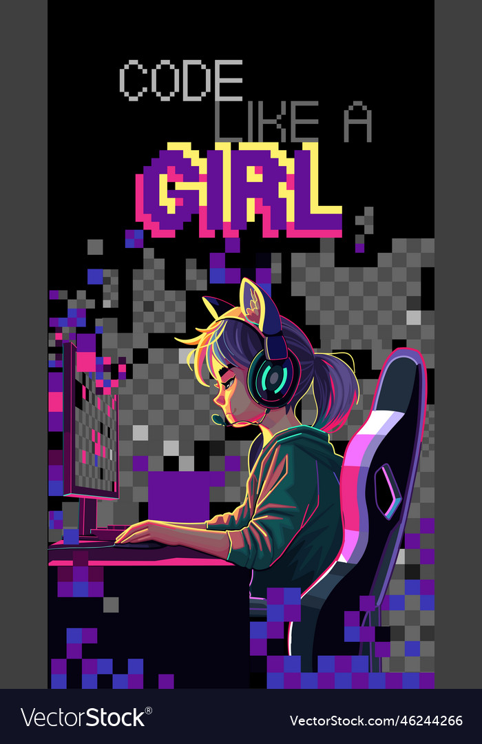 Asian girl programmer with a headset sits in front