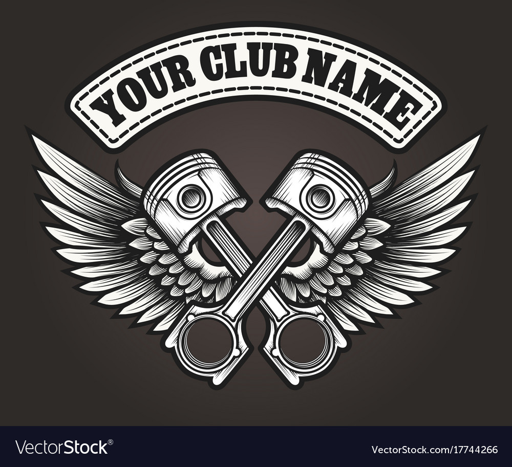 Biker club emblem with winged pistons Royalty Free Vector