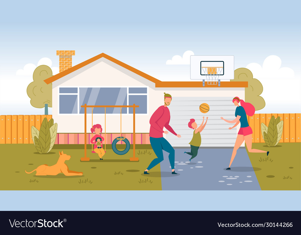 Happy family playing ball on backyard at home