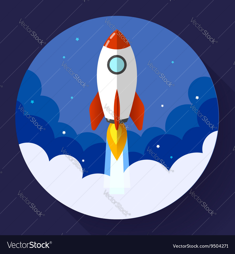 Startup rocket in the clouds flat