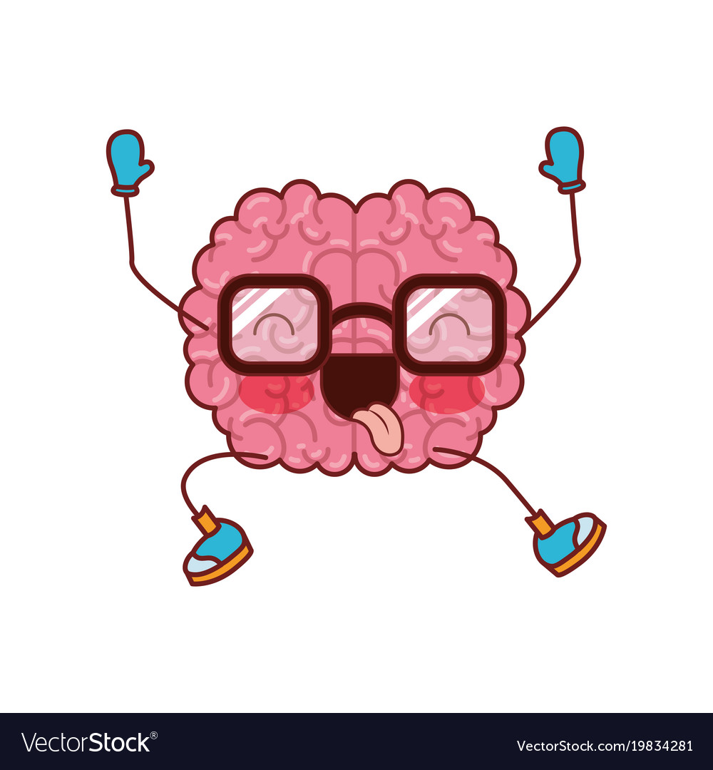 Brain cartoon with glasses jumping for joy Vector Image