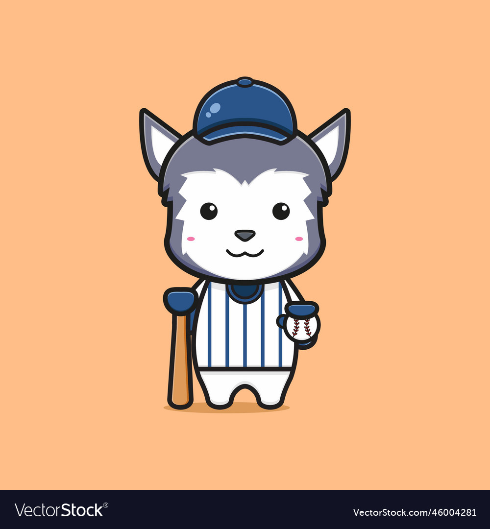 Cute wolf baseball player cartoon icon Royalty Free Vector