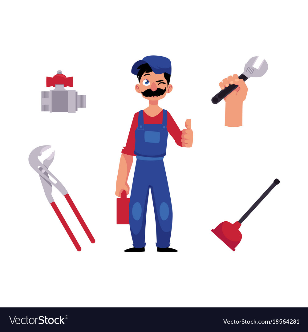 Plumber man thumbs up and tools