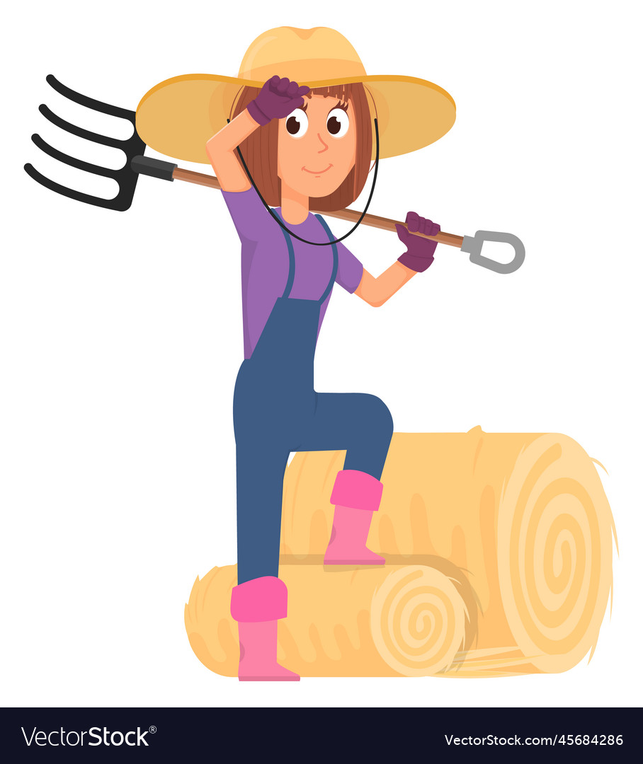 Farmer stack hay rolls with pitchfork cartoon