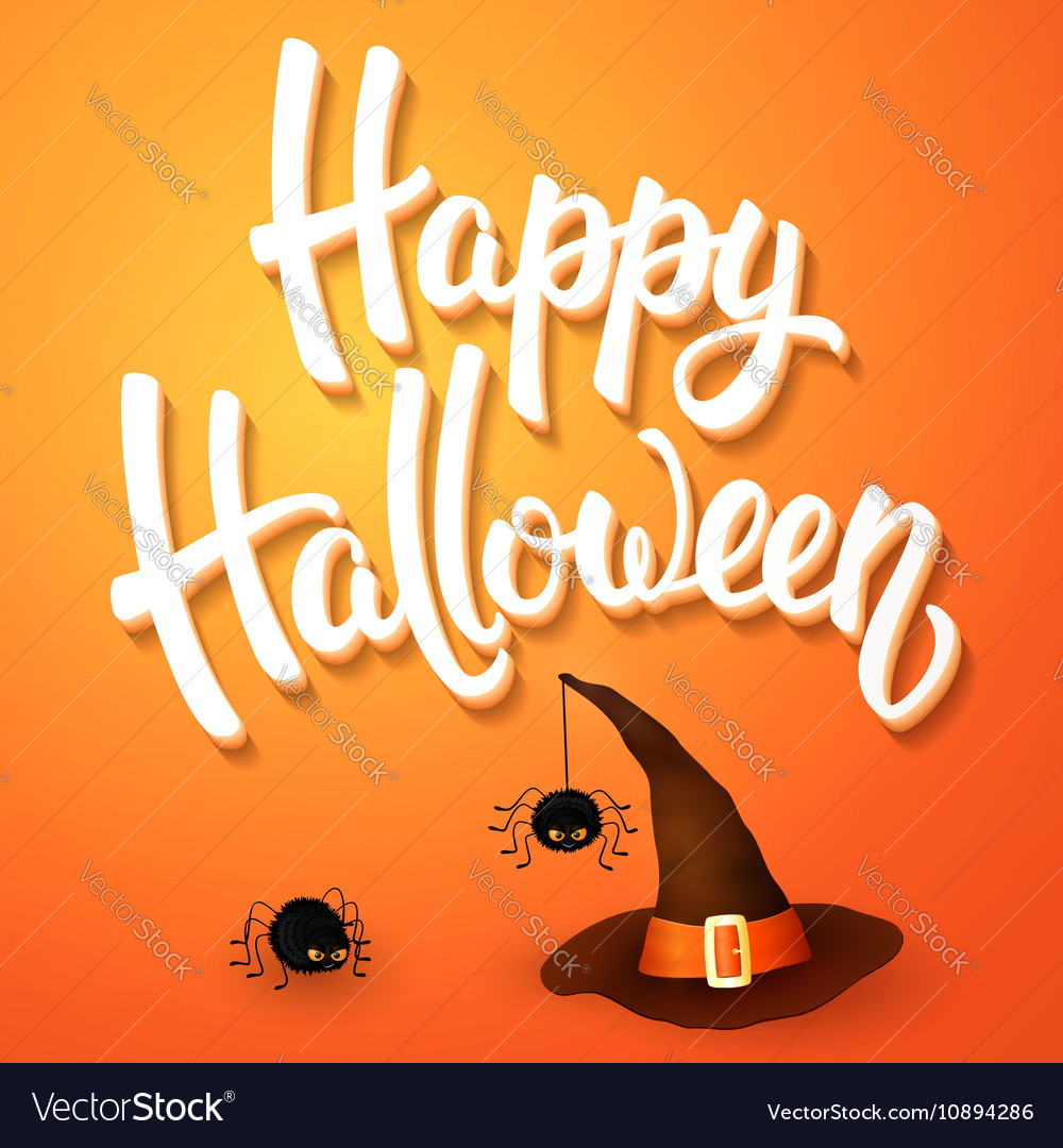 Halloween greeting card with hat angry spiders