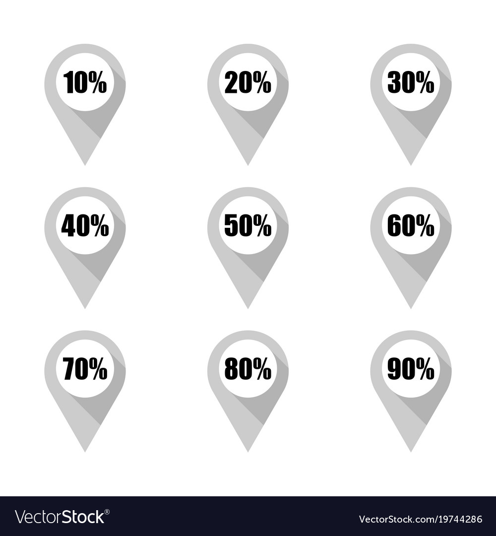 set of grey map pins with different percentage vector image