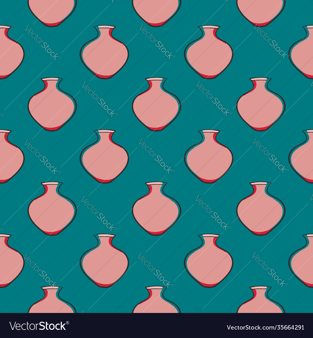 Pink pot seamless pattern on a green background Vector Image