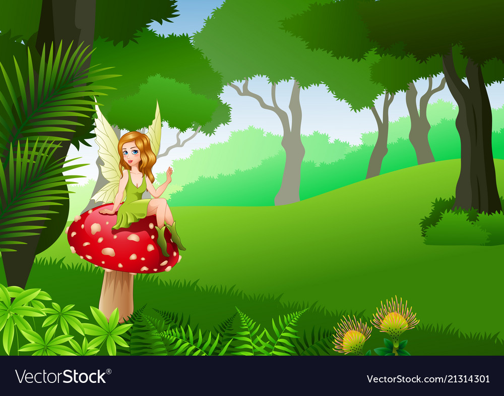 Little fairy sitting on mushroom with tropical