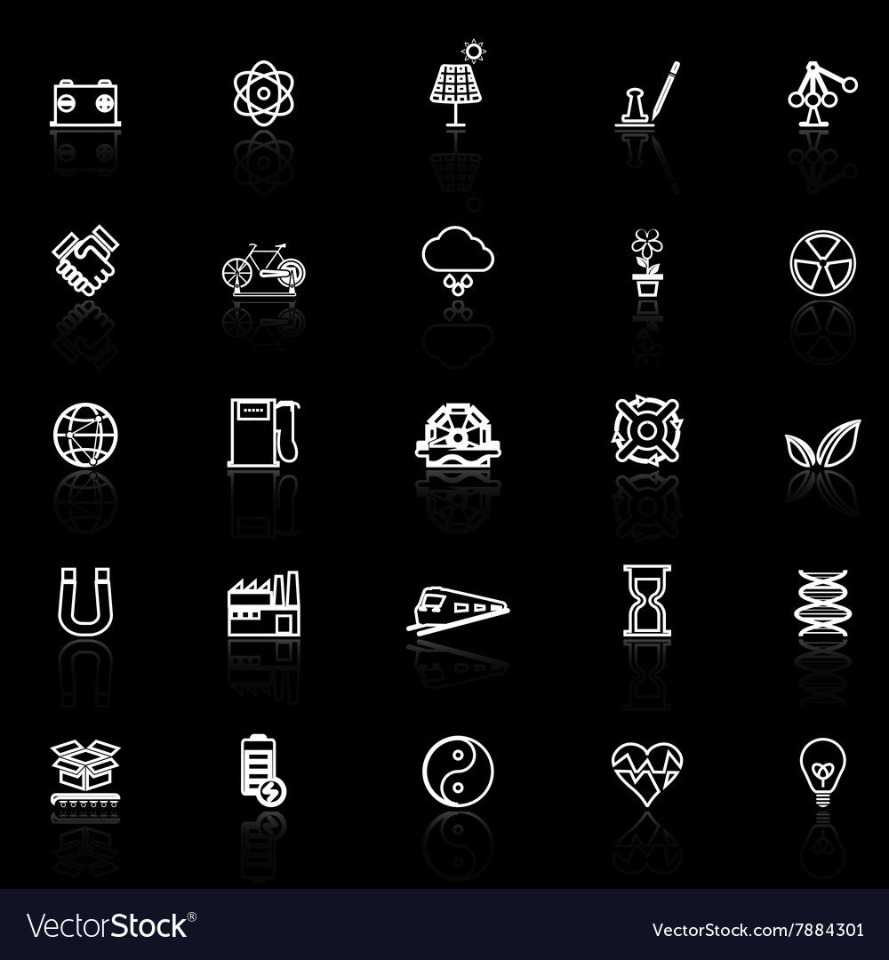 Renewable energy line icons with reflect on black