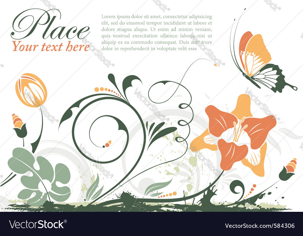 Grunge floral frame with butterfly element for des