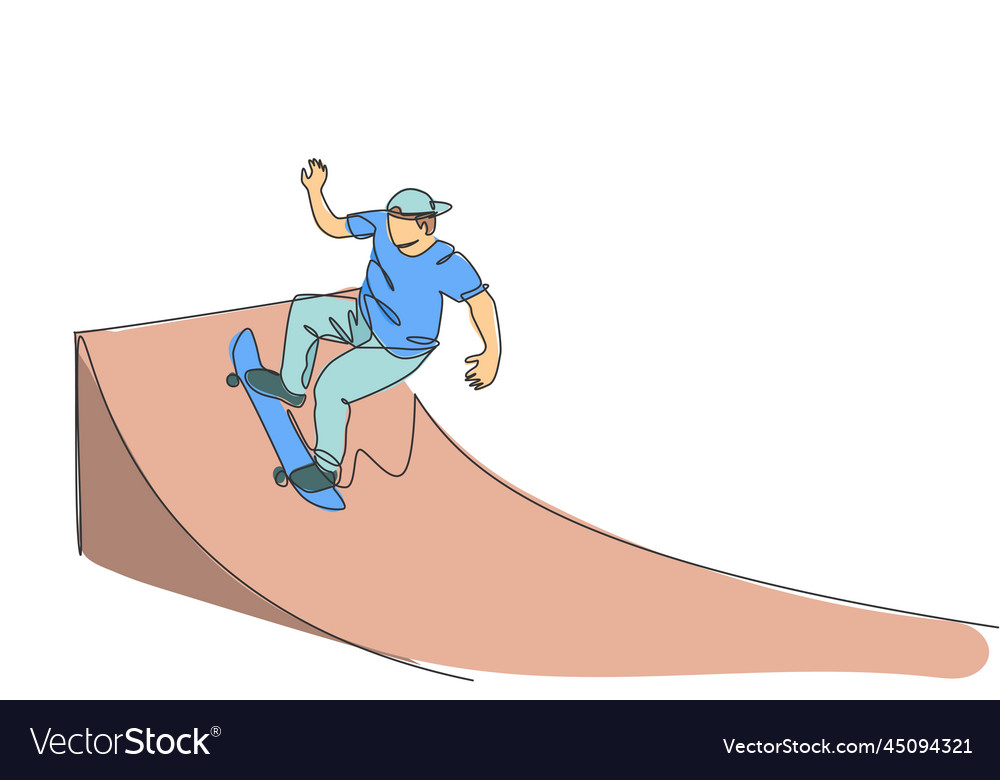 One single line drawing of young skateboarder man