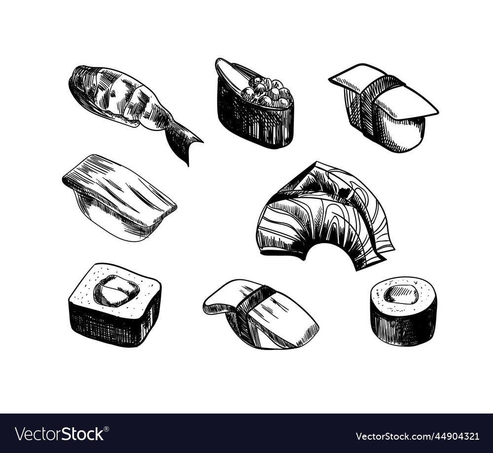 Sketchy sushi set rolls isolated on white