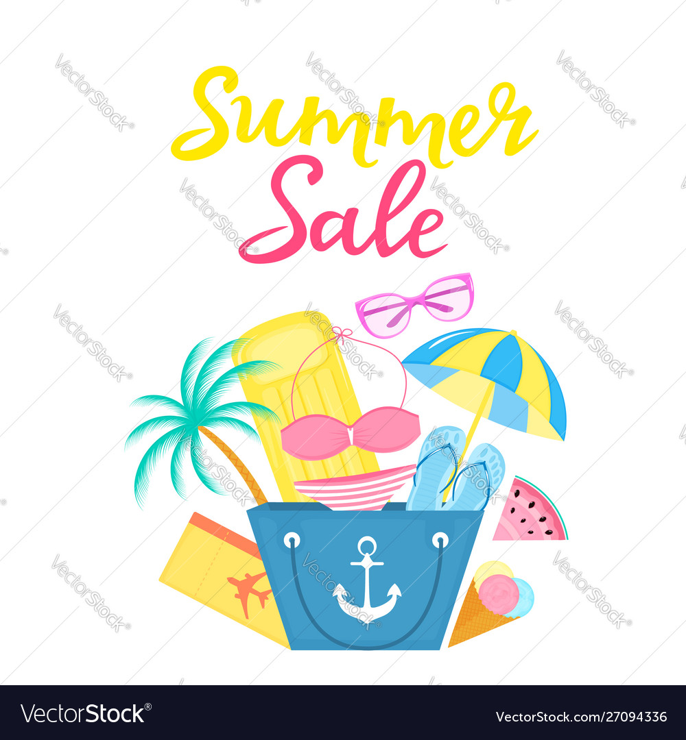 Summer sale poster with beach bag air mattress