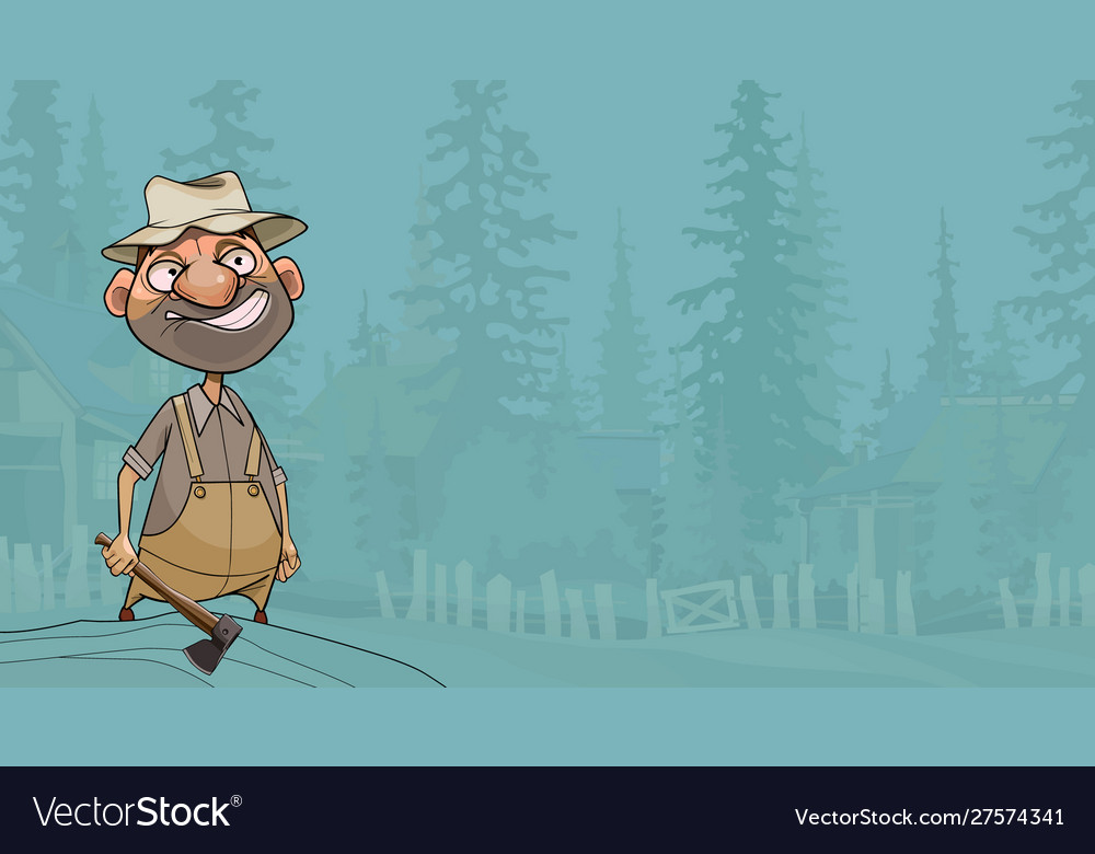 Cartoon rural man with ax standing on rustic