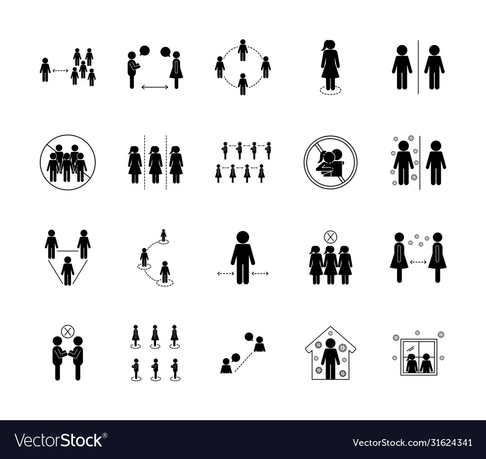 Social distancing silhouette style icon set