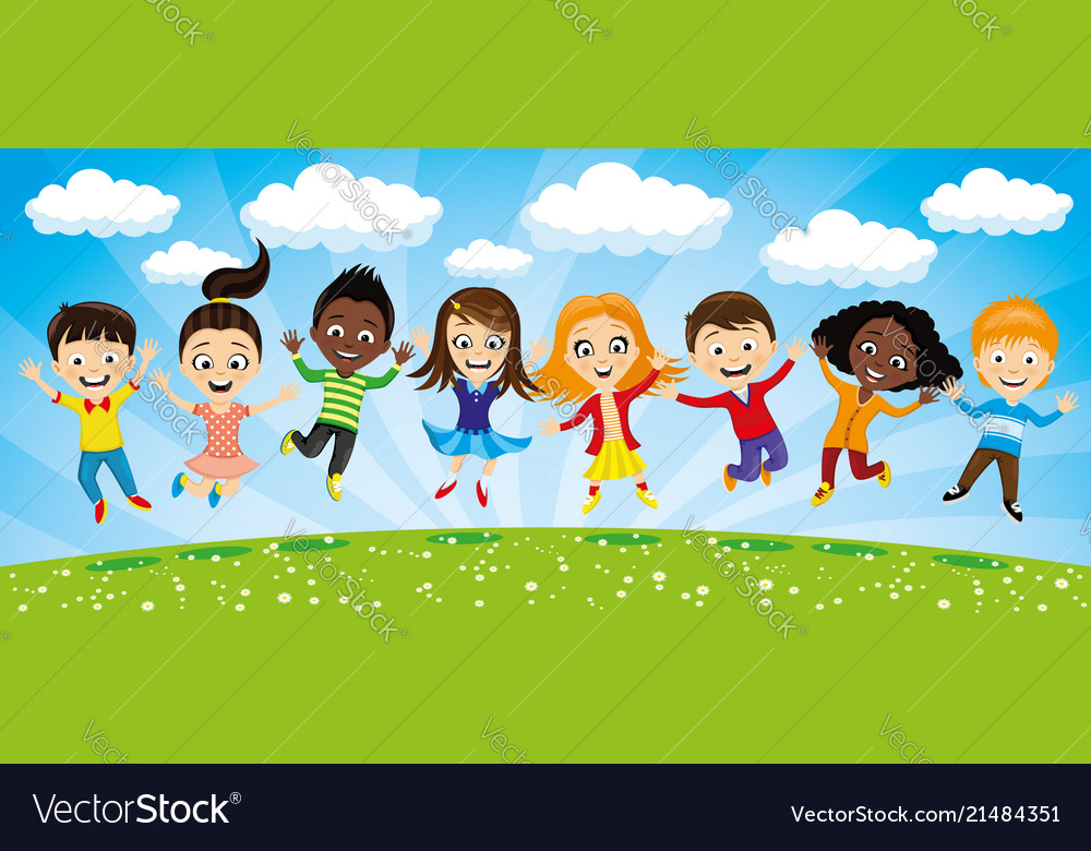 Group of cheerful children in a jump cartoon Vector Image